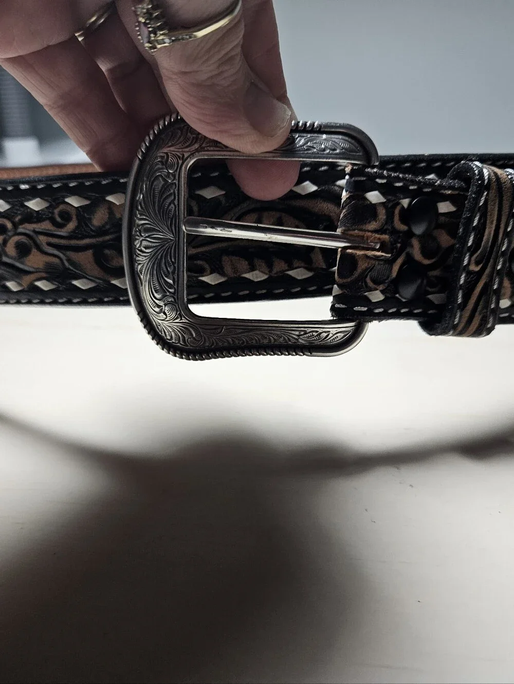 3D Belt Co. Men's Floral Tooled Buckstitch Leather Western Belt - NWOT Size 38